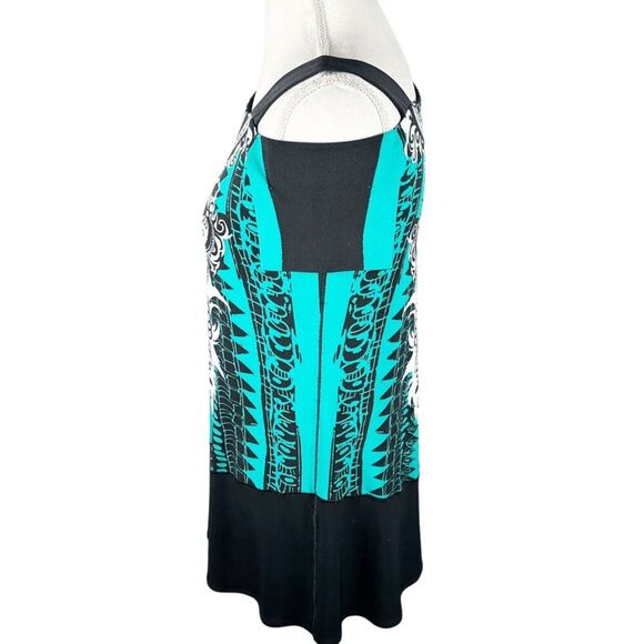 Eva Varro Teal & Black Paisley Print Tunic Top One Cold Shoulder Chic Art Size S - Picture 6 of 7